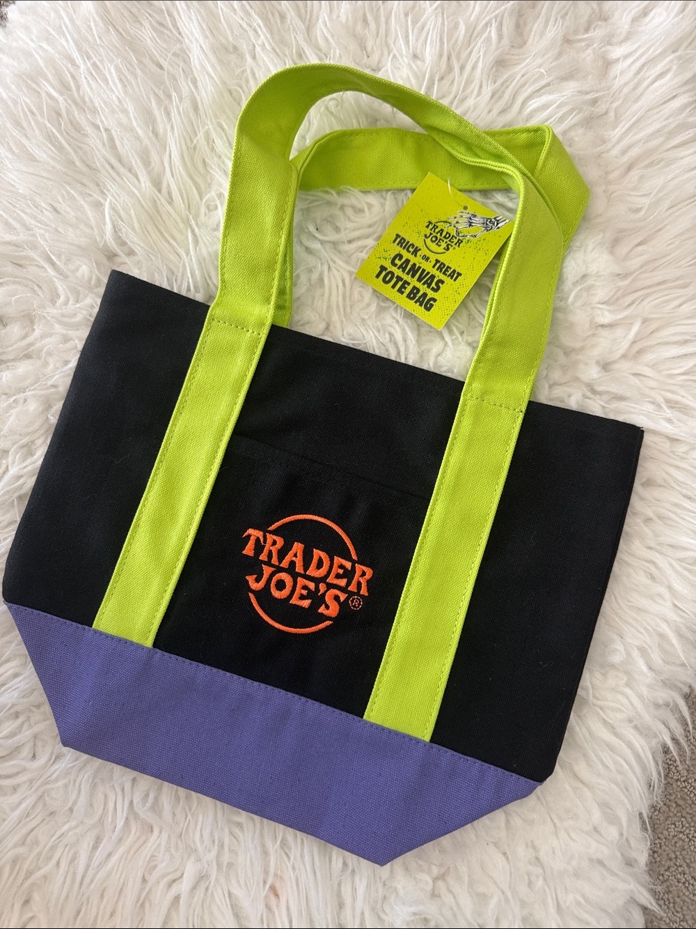 Black Canvas Tote with Lime Handles and Purple Base